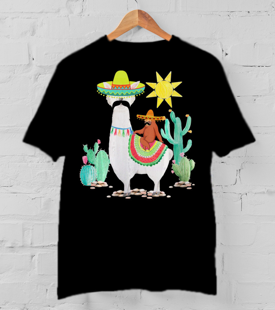 Funny Cinco De Mayo Sloth Riding Llama With Sombrero And Cactus Scene T-Shirt