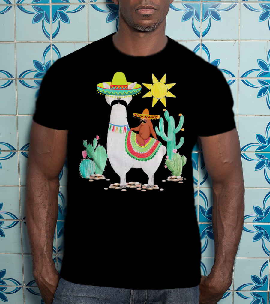 Funny Cinco De Mayo Sloth Riding Llama With Sombrero And Cactus Scene T-Shirt