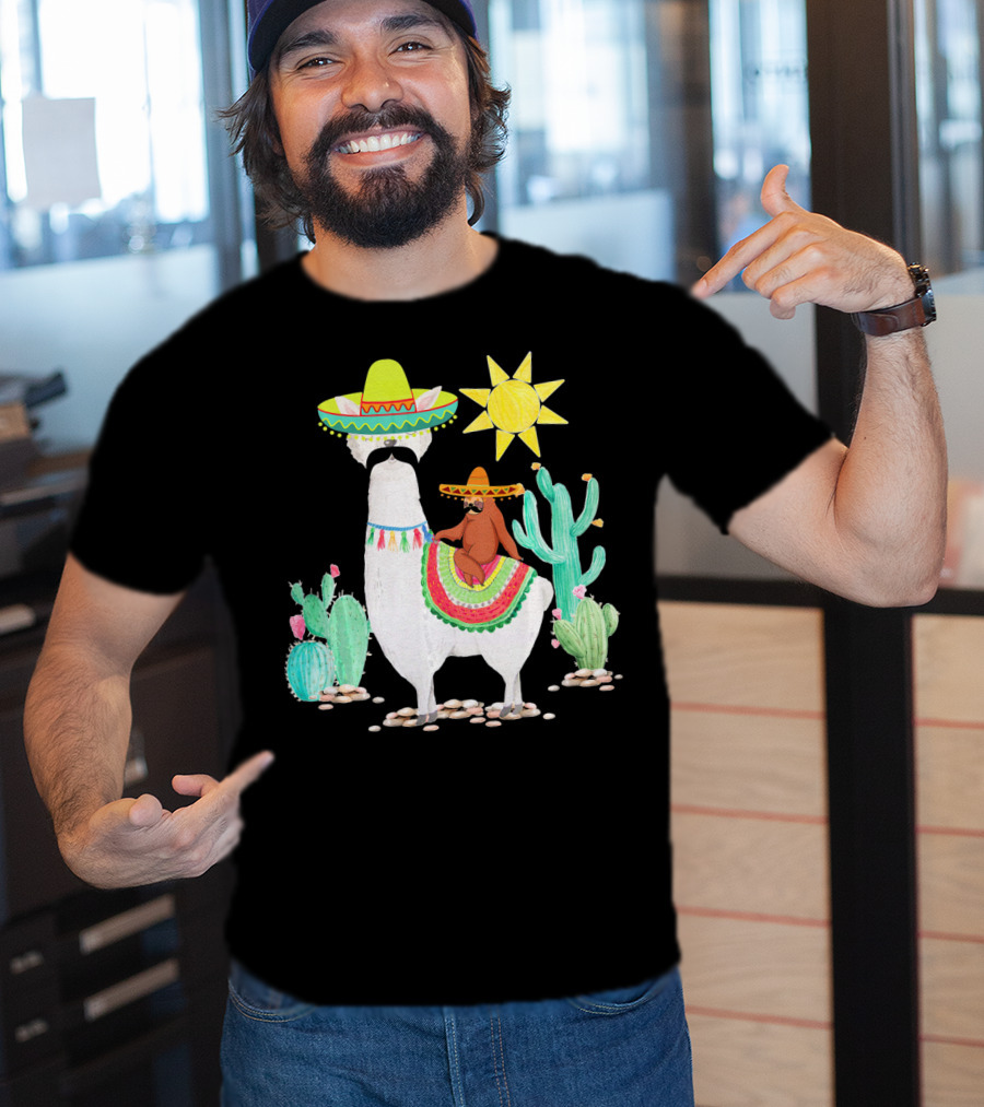Funny Cinco De Mayo Sloth Riding Llama With Sombrero And Cactus Scene T-Shirt