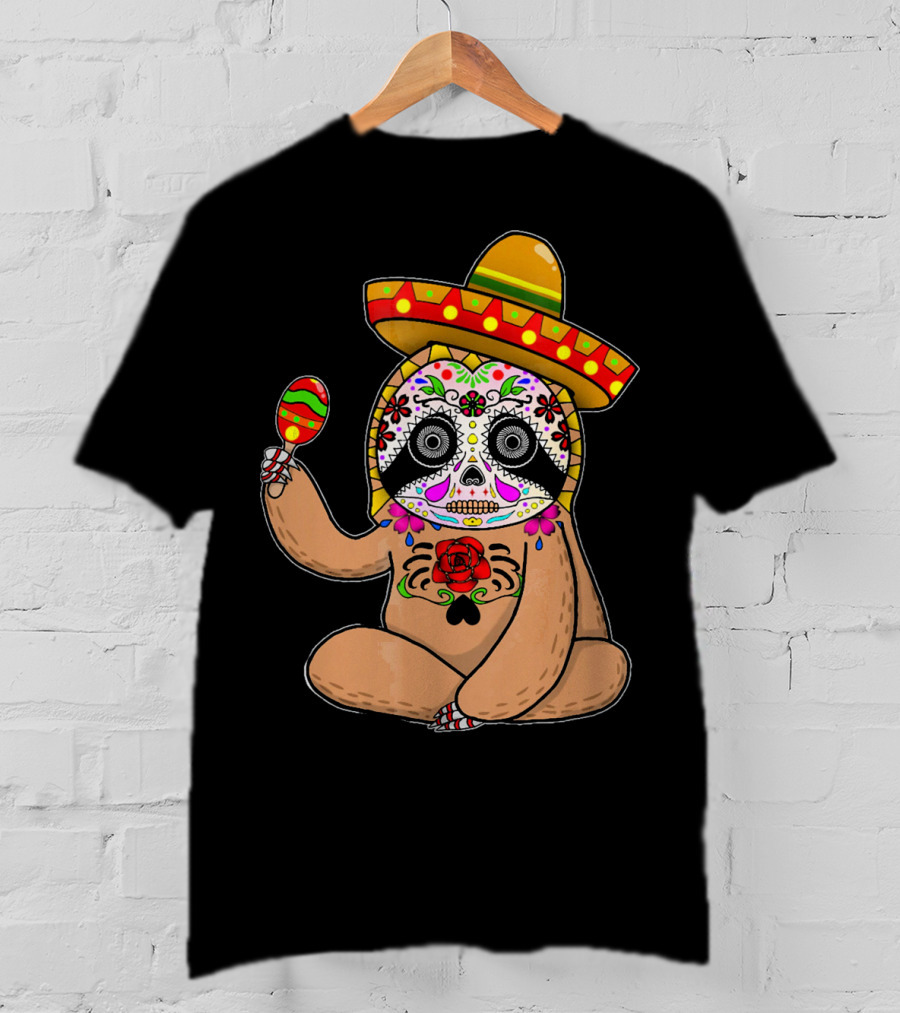Cinco De Mayo Sloth Day Of The Dead Sombrero Maracas T-Shirt