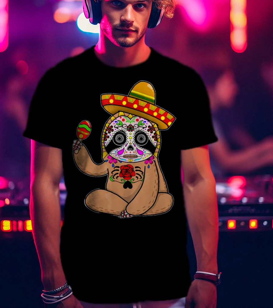 Cinco De Mayo Sloth Day Of The Dead Sombrero Maracas T-Shirt