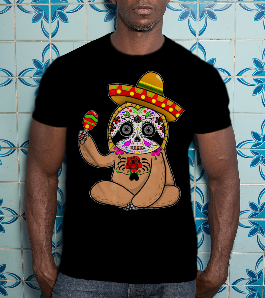 Cinco De Mayo Sloth Day Of The Dead Sombrero Maracas T-Shirt
