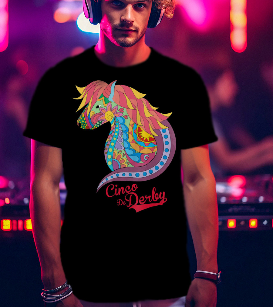 Cinco De Derby Colorful Horse Motif T-Shirt