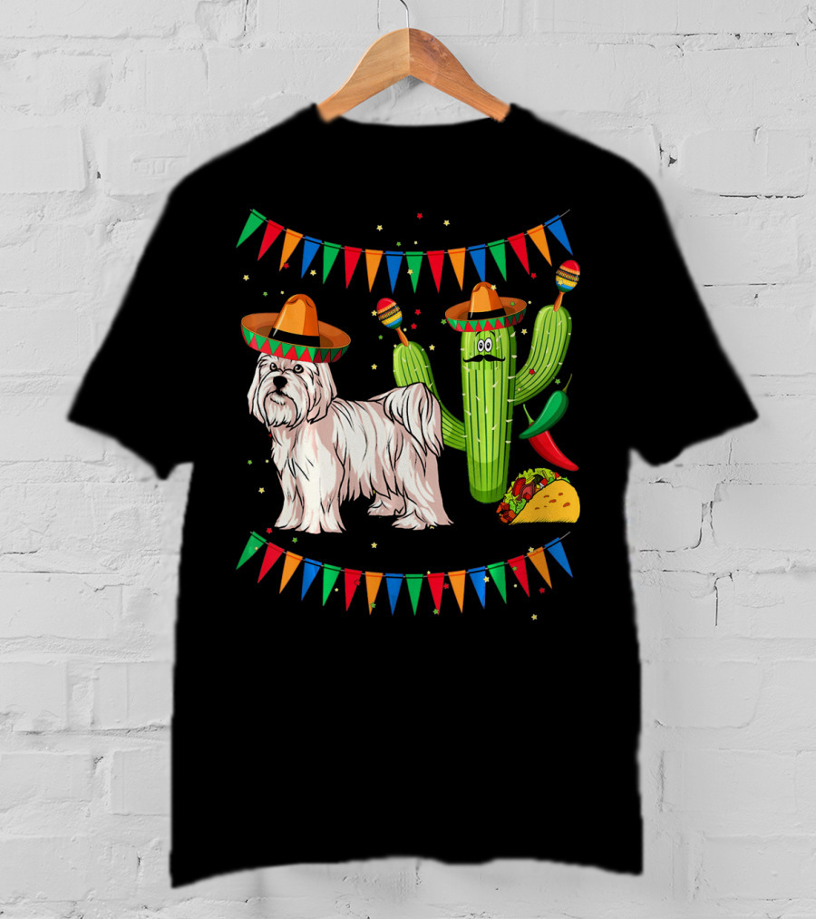 Maltese Dog Sombrero Mexico Cinco De Mayo Cactus Taco Fiesta T-Shirt
