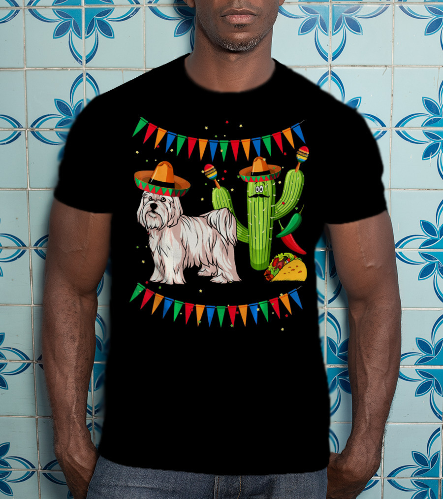 Maltese Dog Sombrero Mexico Cinco De Mayo Cactus Taco Fiesta T-Shirt