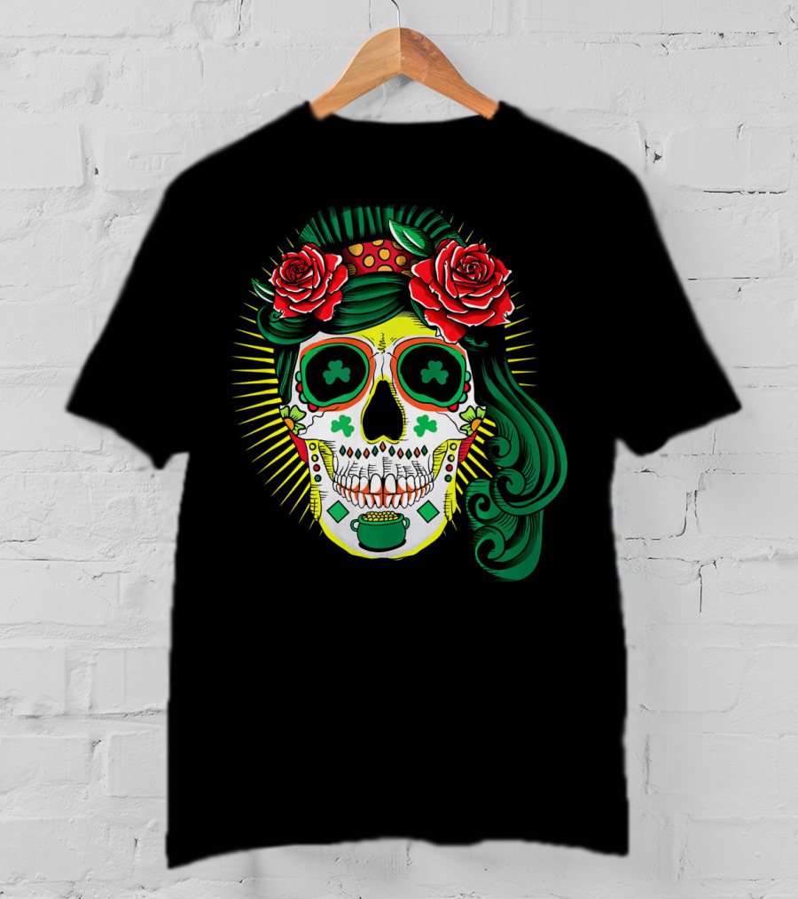 Cinco De Mayo St Patricks Day Shamrock Skull Roses T-Shirt