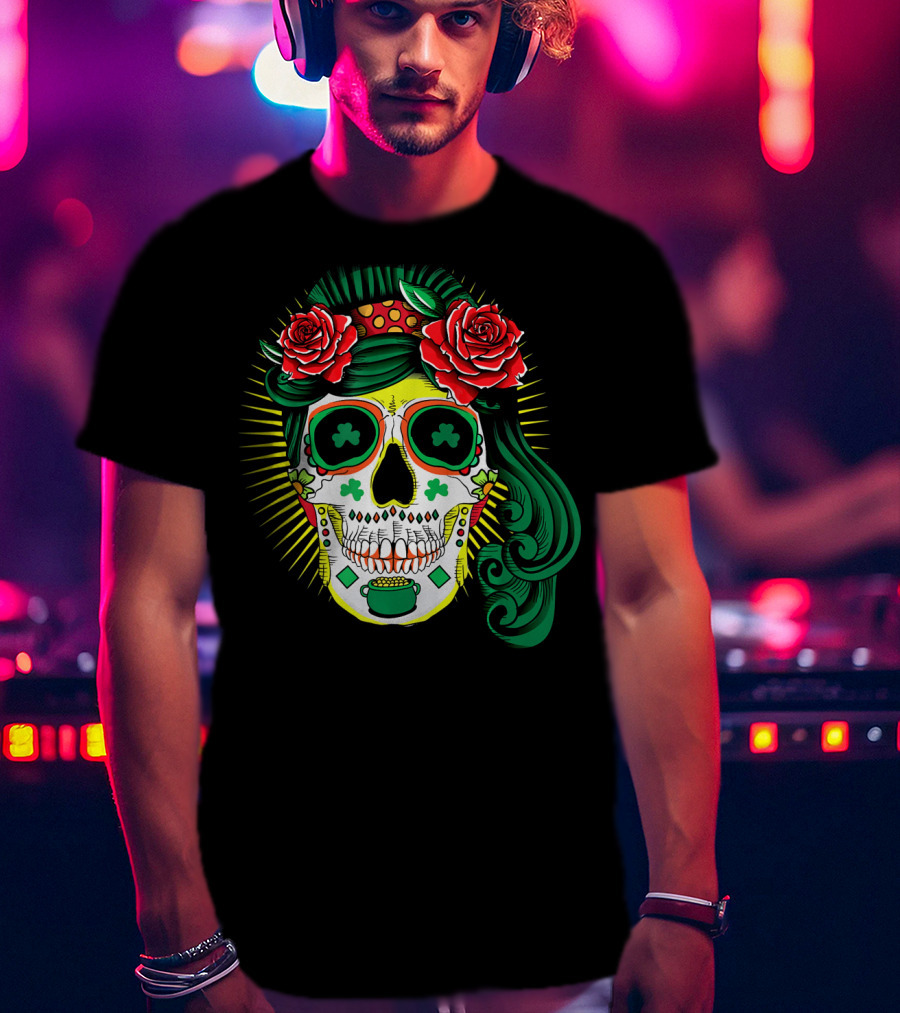 Cinco De Mayo St Patricks Day Shamrock Skull Roses T-Shirt
