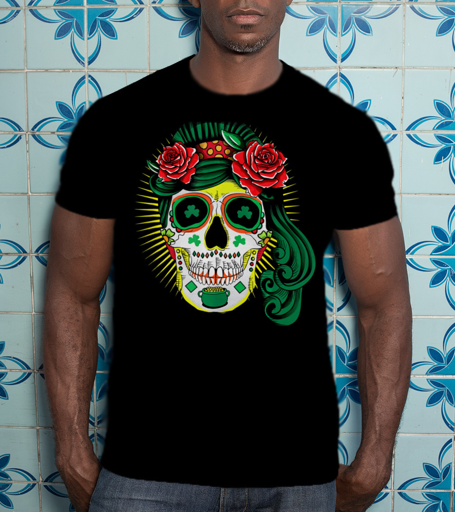 Cinco De Mayo St Patricks Day Shamrock Skull Roses T-Shirt