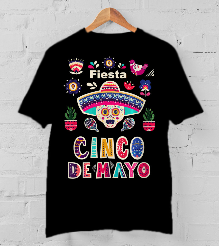 Fiesta Cinco De Mayo Mexico Sugar Skull Sombrero And Floral Elements T-Shirt