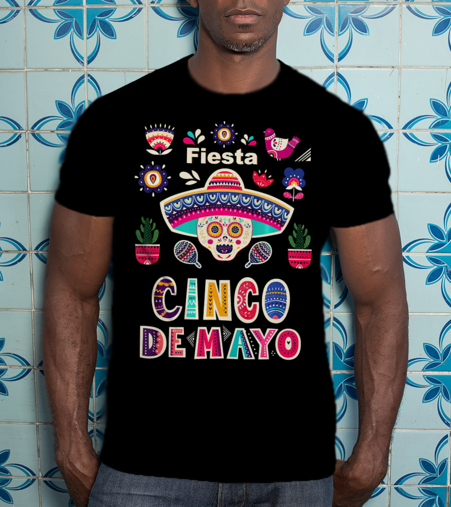 Fiesta Cinco De Mayo Mexico Sugar Skull Sombrero And Floral Elements T-Shirt