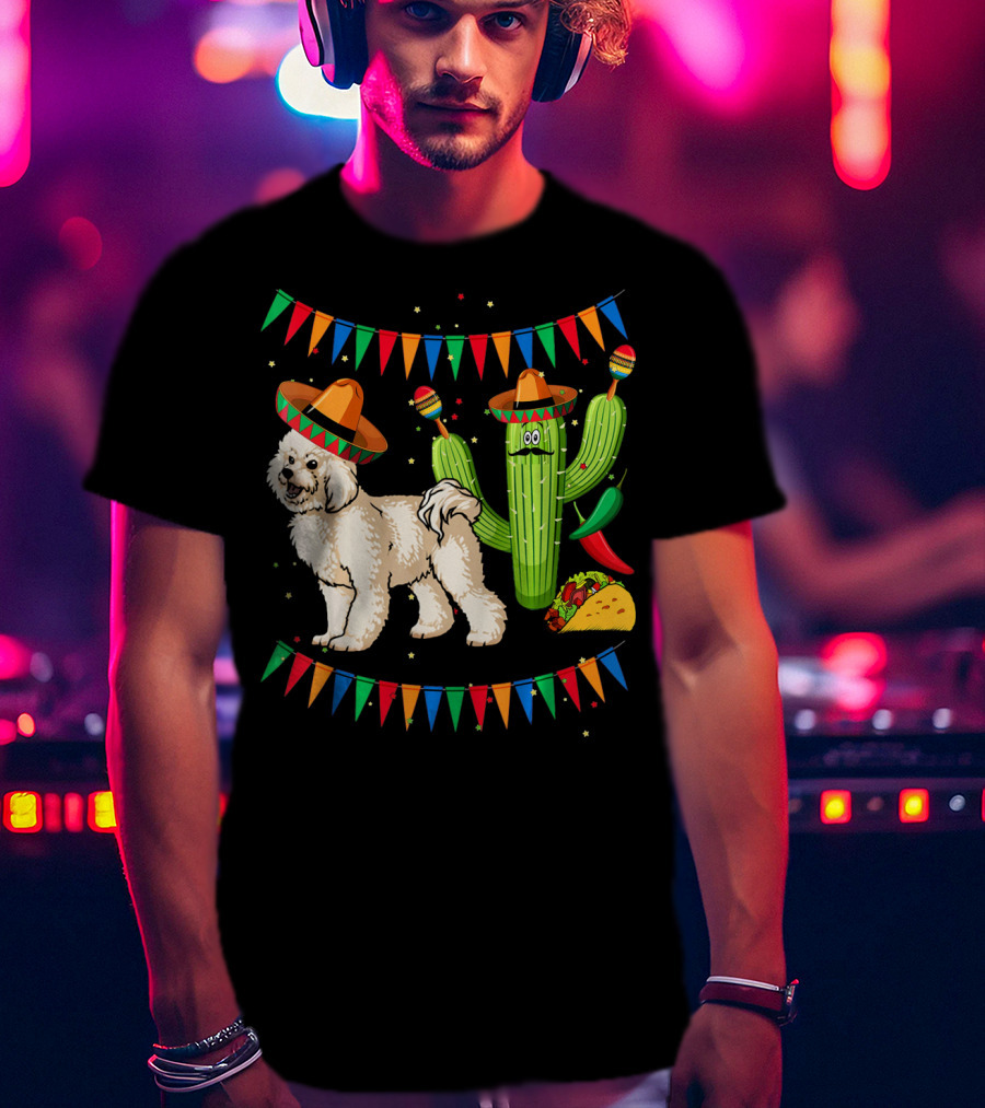 Sombrero Bichon Frise Dog And Cactus With Maracas Mexico Cinco Fiesta T-Shirt