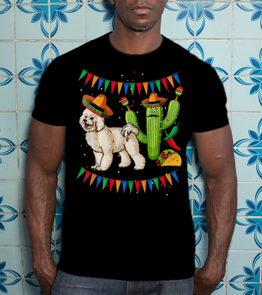 Sombrero Bichon Frise Dog And Cactus With Maracas Mexico Cinco Fiesta T-Shirt