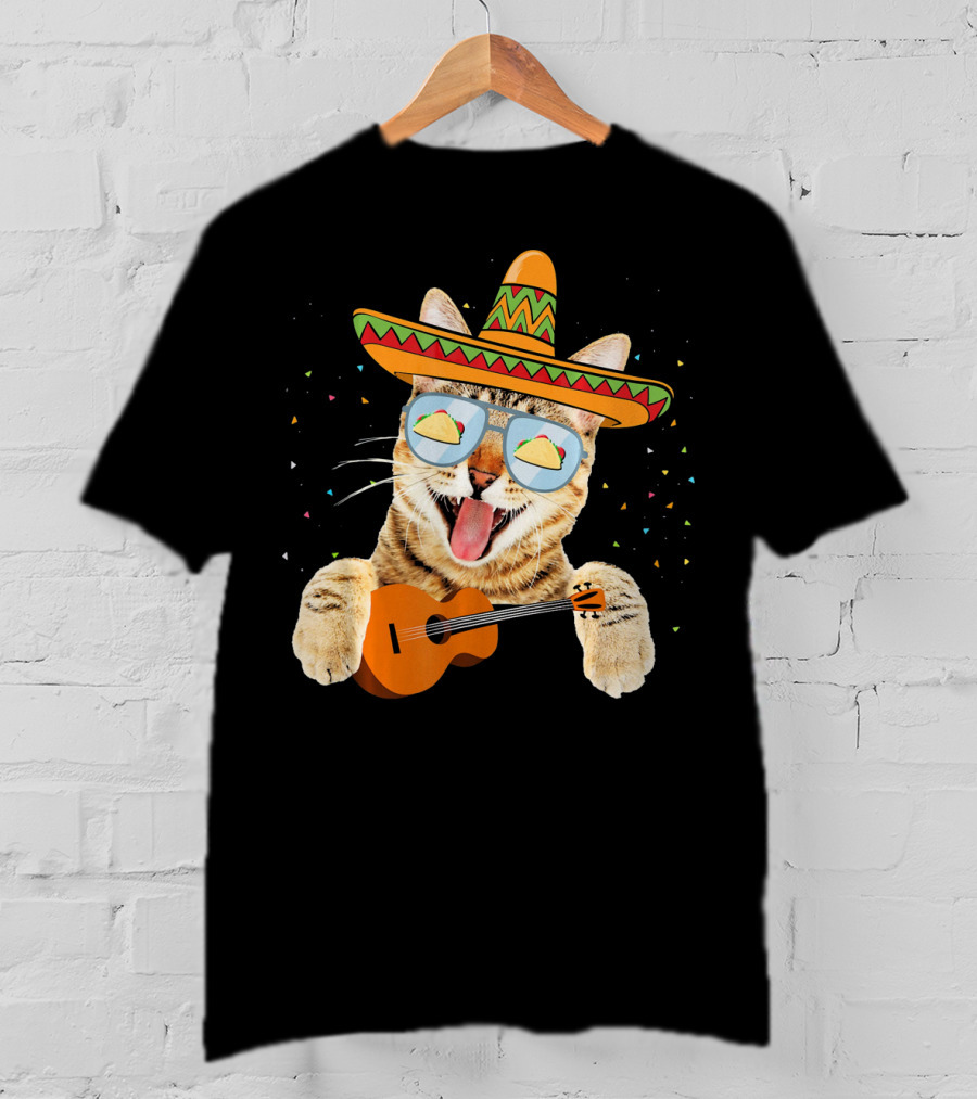 Cinco De Mayo Cat With Sombrero And Guitar T-Shirt
