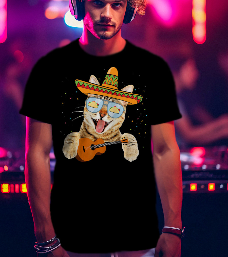 Cinco De Mayo Cat With Sombrero And Guitar T-Shirt