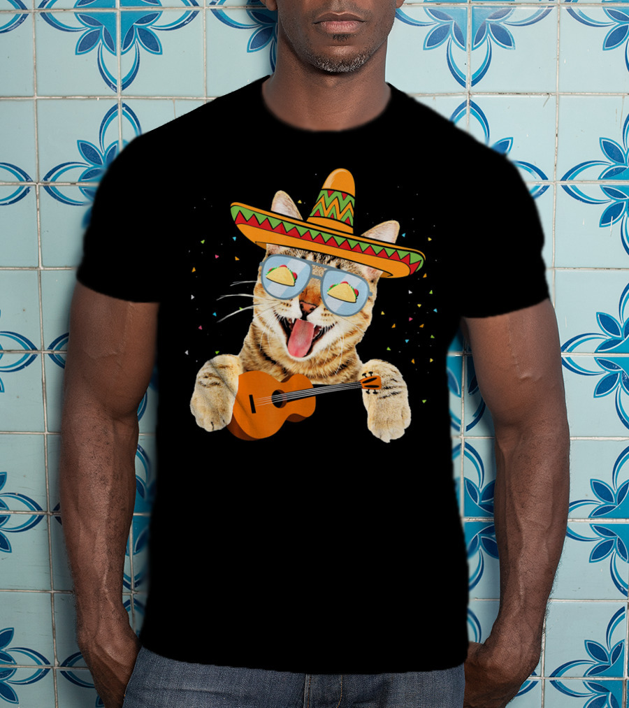 Cinco De Mayo Cat With Sombrero And Guitar T-Shirt