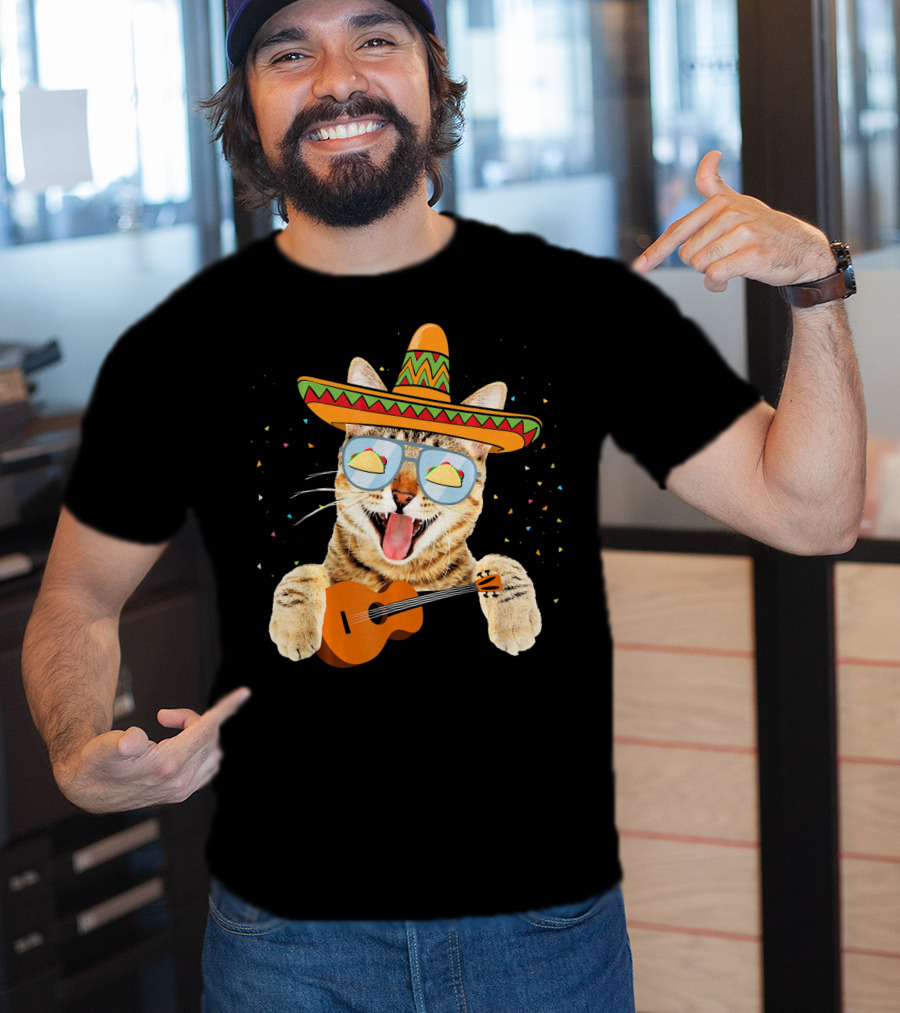 Cinco De Mayo Cat With Sombrero And Guitar T-Shirt