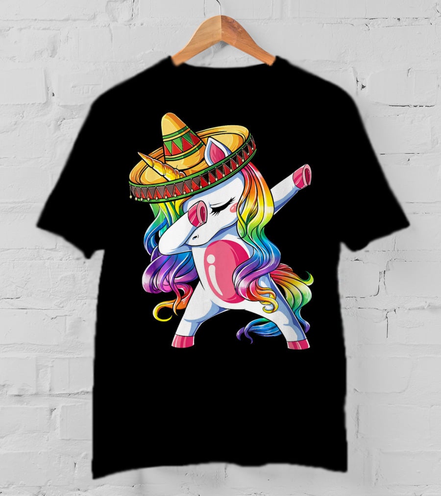 Dabbing Rainbow Unicorn With Sombrero Funny Cinco De Mayo T-Shirt