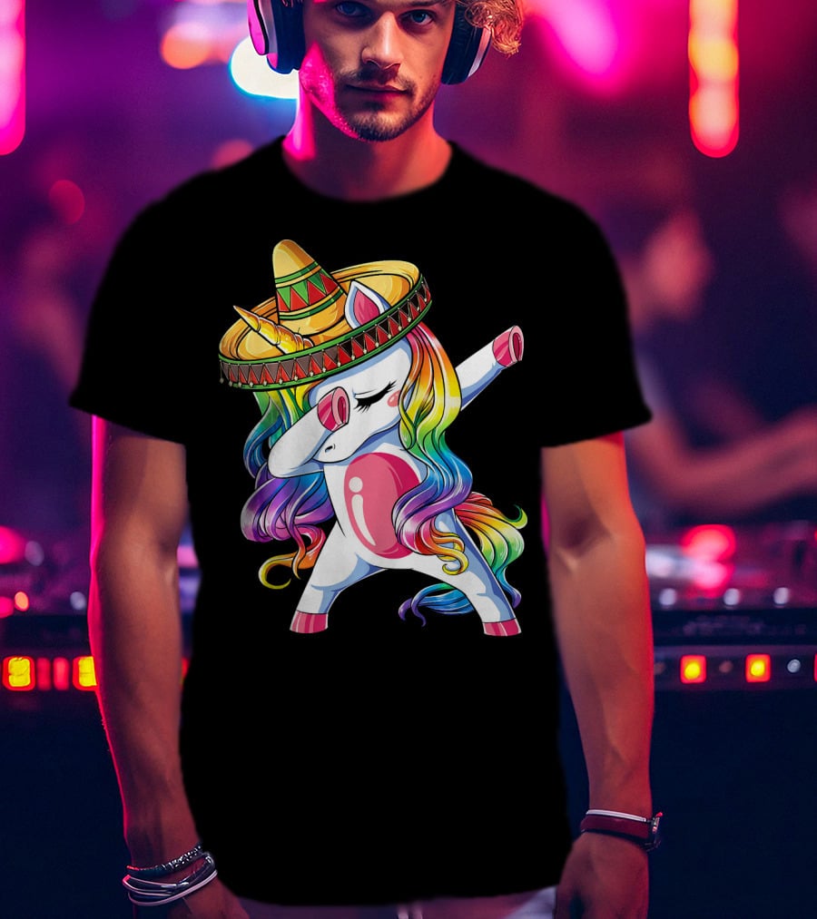 Dabbing Rainbow Unicorn With Sombrero Funny Cinco De Mayo T-Shirt