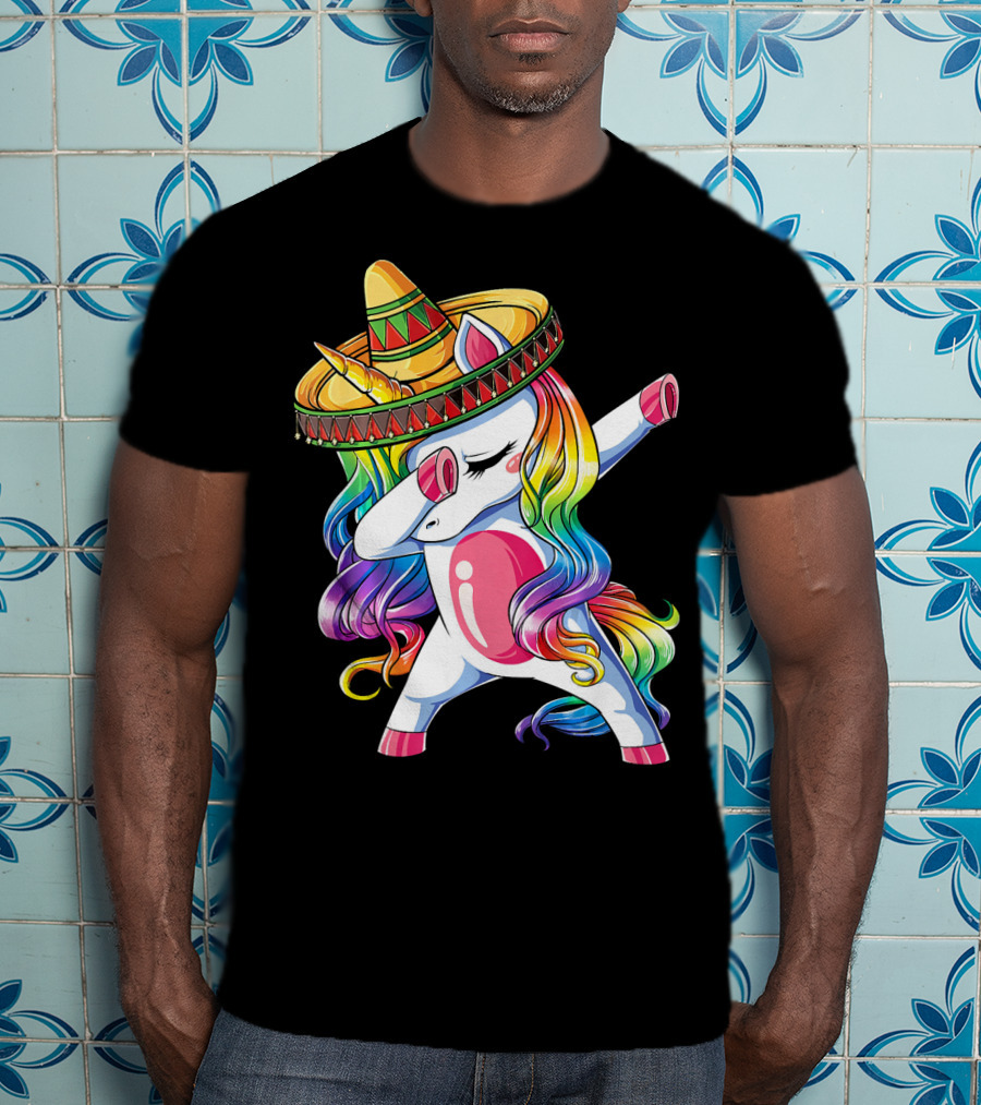 Dabbing Rainbow Unicorn With Sombrero Funny Cinco De Mayo T-Shirt