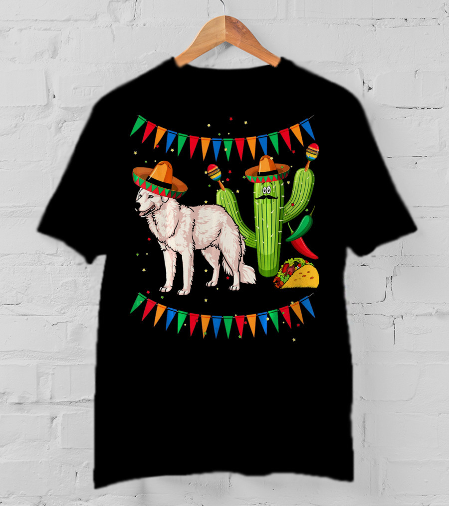Sombrero Kuvasz Dog Mexican Fiesta With Cactus And Taco Cinco De Mayo T-Shirt
