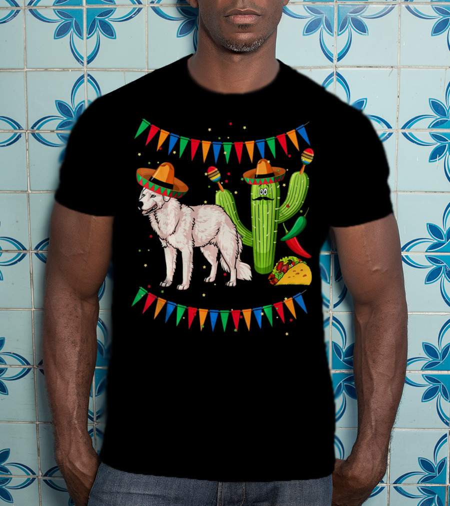 Sombrero Kuvasz Dog Mexican Fiesta With Cactus And Taco Cinco De Mayo T-Shirt