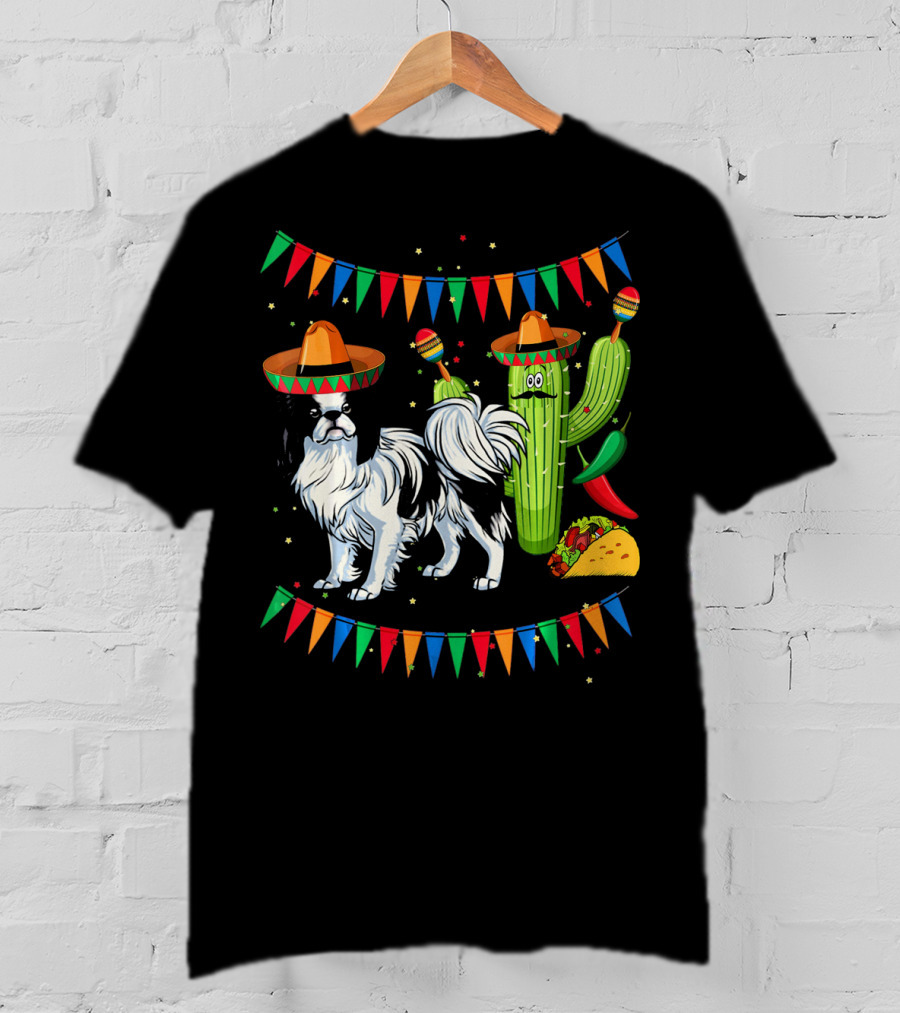 Sombrero Japanese Chin Dog With Cactus And Taco Celebration Mexico Cinco T-Shirt