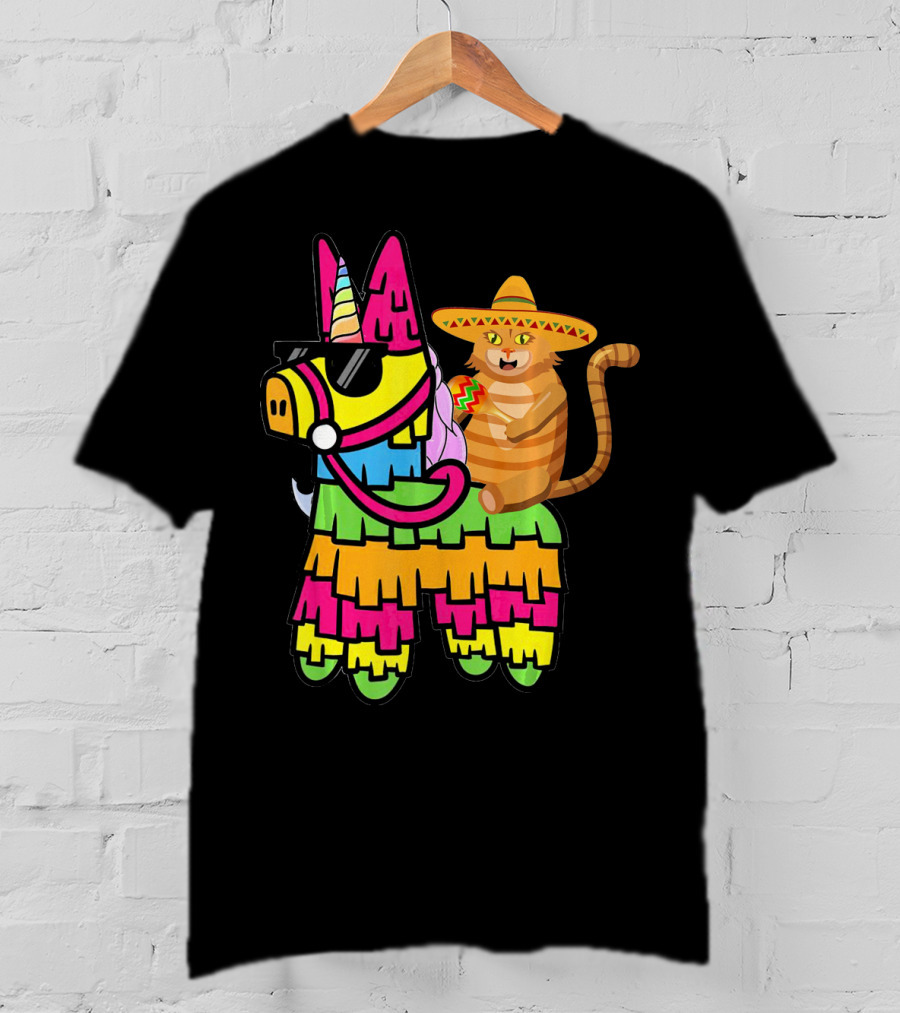 Cinco De Mayo Sombrero Cat On Colorful Pinata With Unicorn And Sunglasses T-Shirt