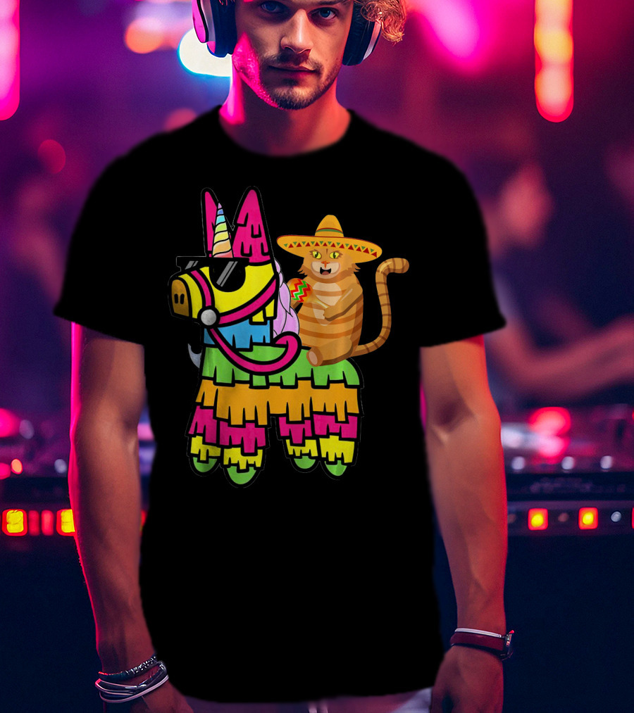 Cinco De Mayo Sombrero Cat On Colorful Pinata With Unicorn And Sunglasses T-Shirt