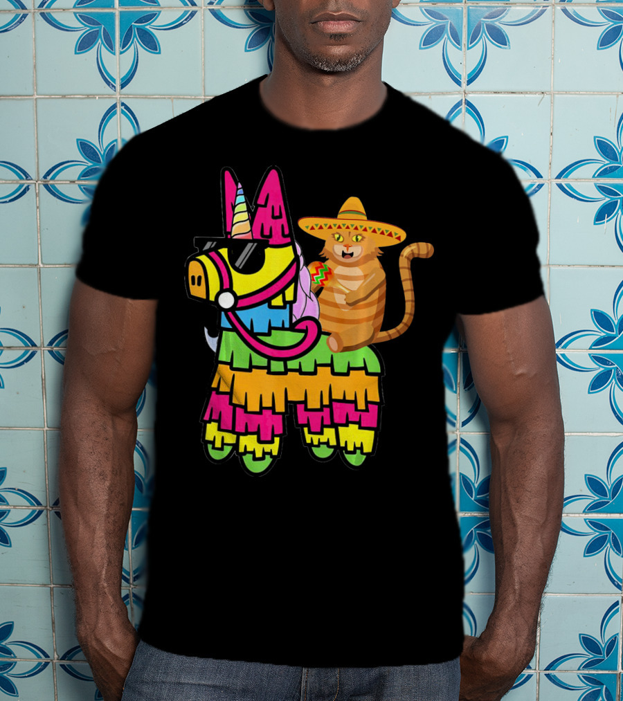 Cinco De Mayo Sombrero Cat On Colorful Pinata With Unicorn And Sunglasses T-Shirt