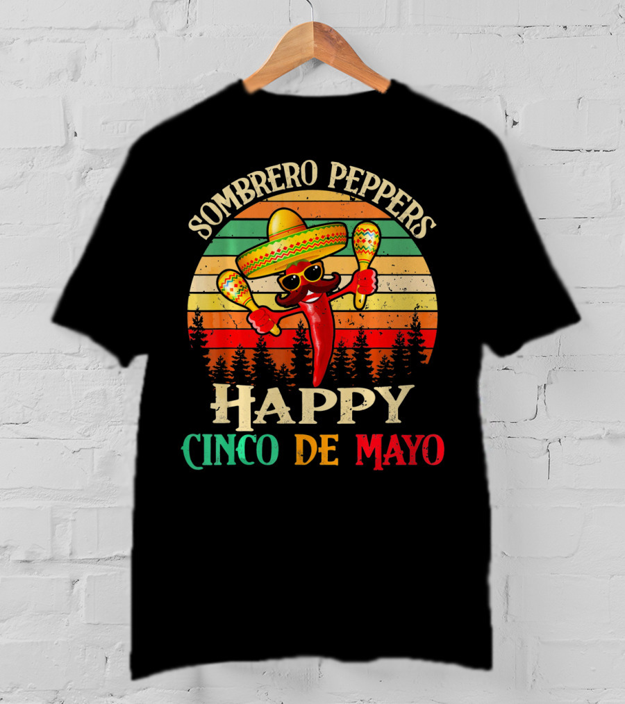 Sombrero Peppers Happy Cinco De Mayo Vintage Sunset T-Shirt