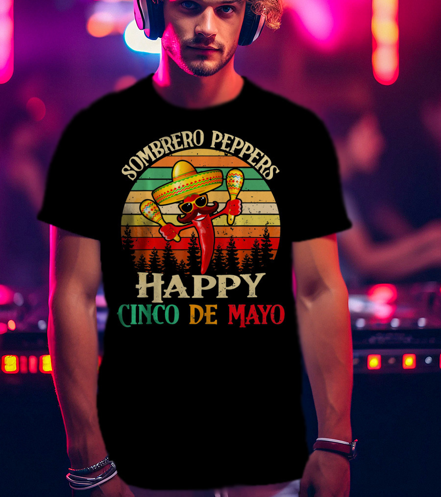 Sombrero Peppers Happy Cinco De Mayo Vintage Sunset T-Shirt