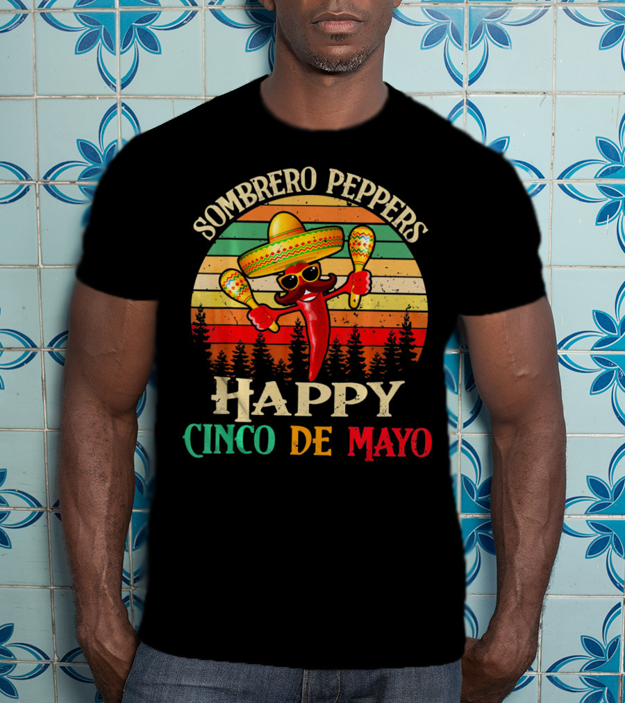 Sombrero Peppers Happy Cinco De Mayo Vintage Sunset T-Shirt