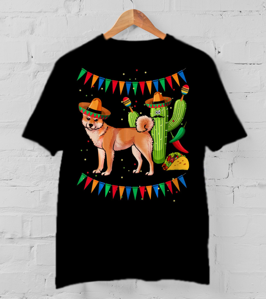 Sombrero Shiba Inu Dog Mexico Cinco De Mayo Celebration With Cactus And Taco T-Shirt