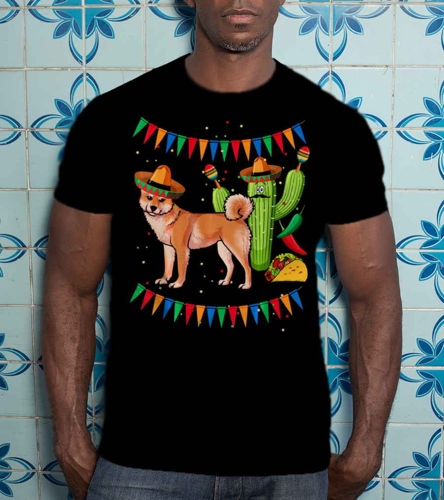 Sombrero Shiba Inu Dog Mexico Cinco De Mayo Celebration With Cactus And Taco T-Shirt