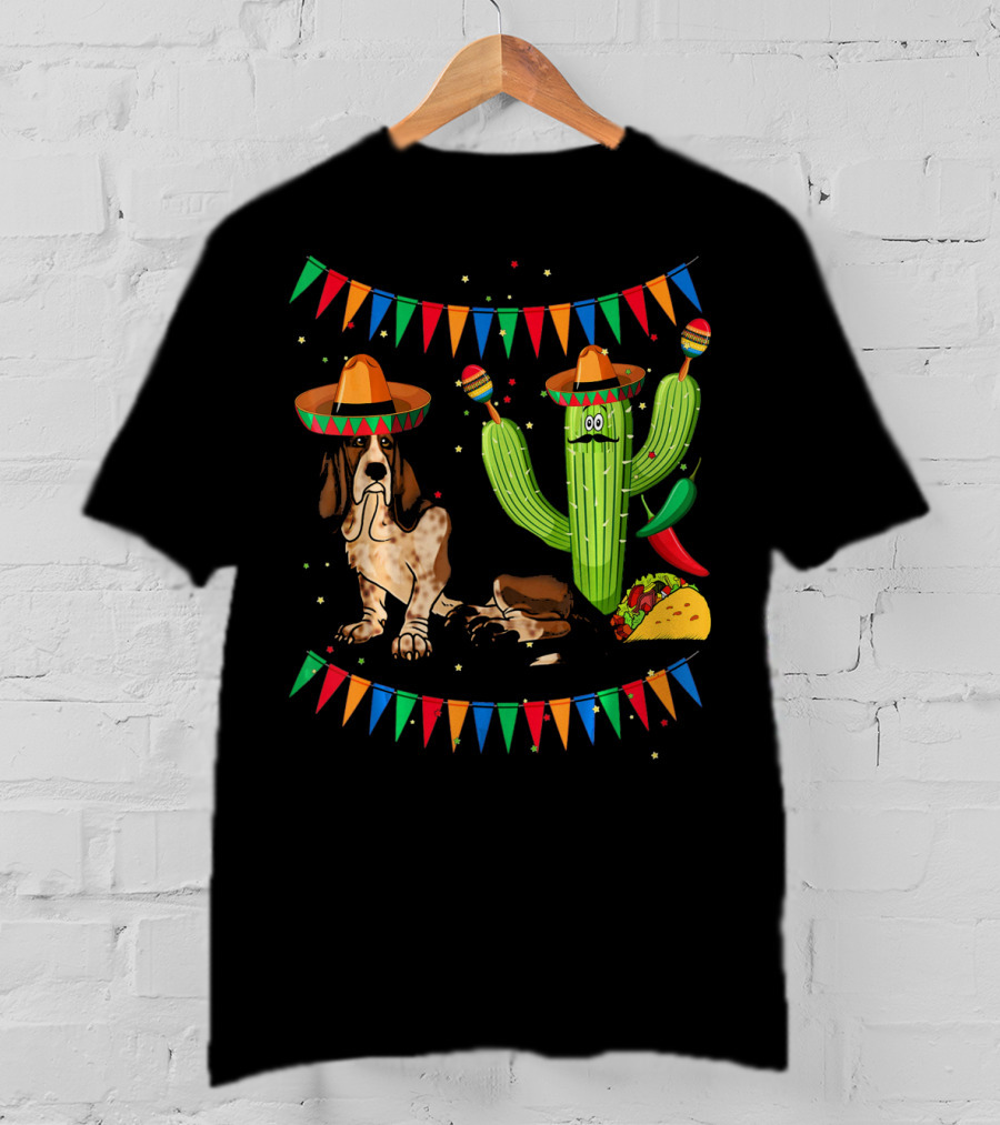Sombrero Basset Hound Dog Mexico Cinco Cactus Taco Fiesta Decor T-Shirt