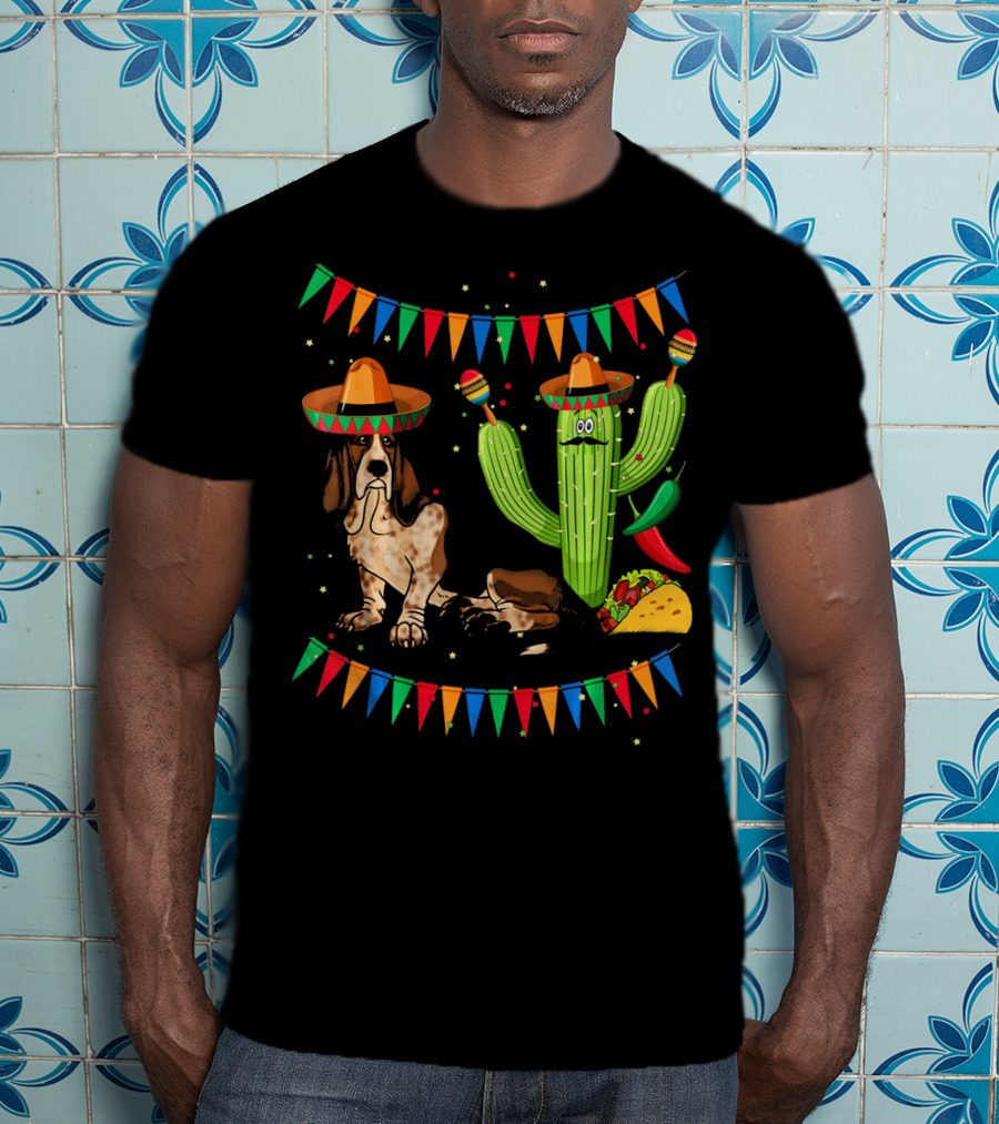Sombrero Basset Hound Dog Mexico Cinco Cactus Taco Fiesta Decor T-Shirt