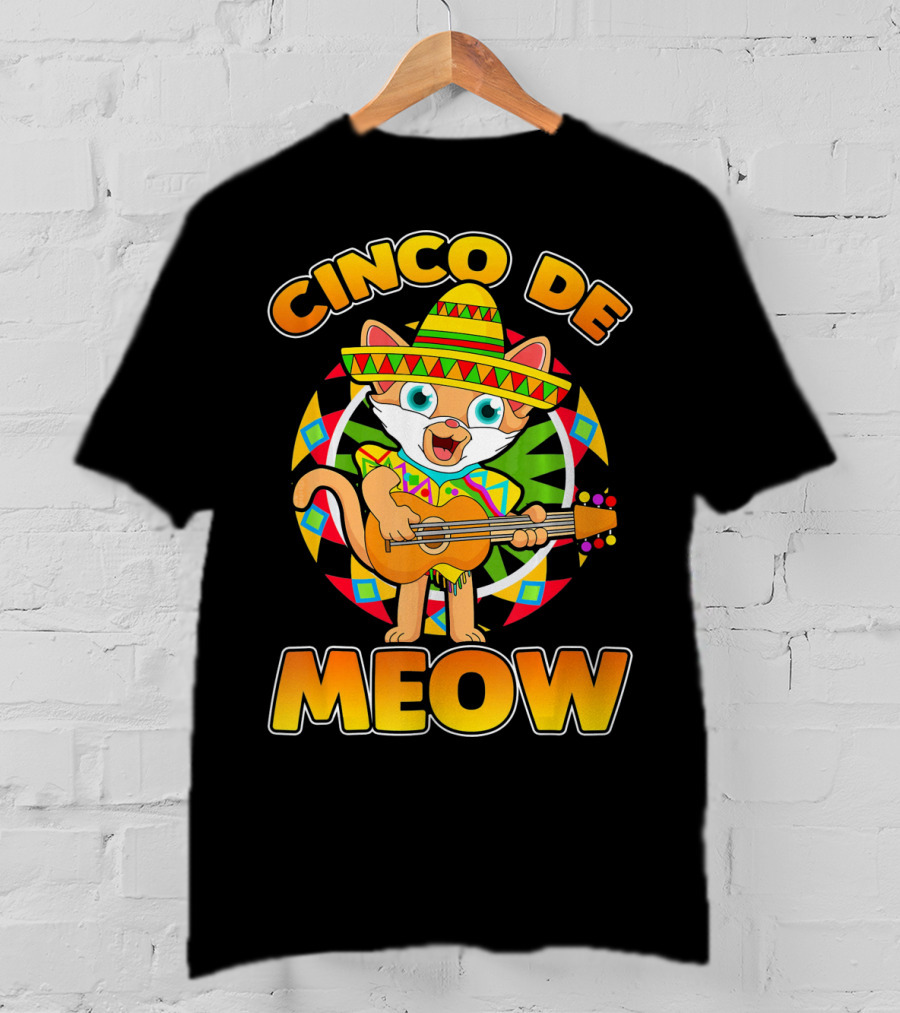Cinco De Meow Mexican Sombrero Cat Playing Guitar T-Shirt