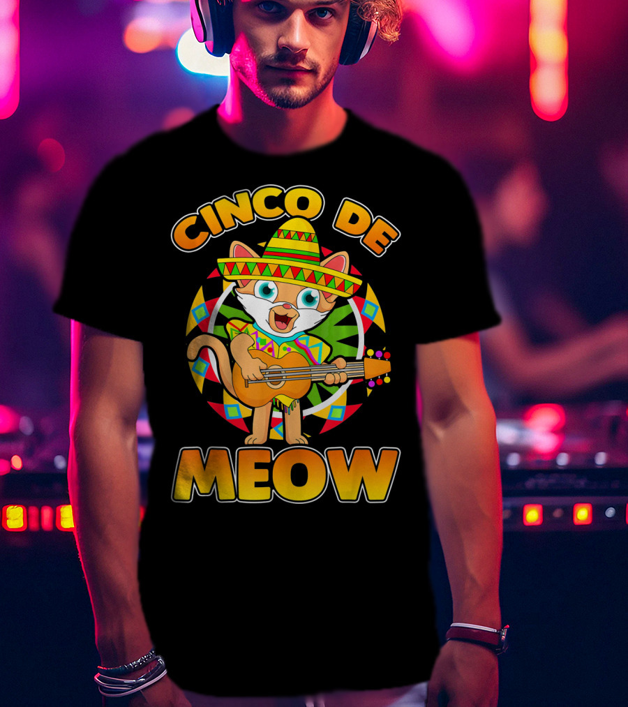 Cinco De Meow Mexican Sombrero Cat Playing Guitar T-Shirt