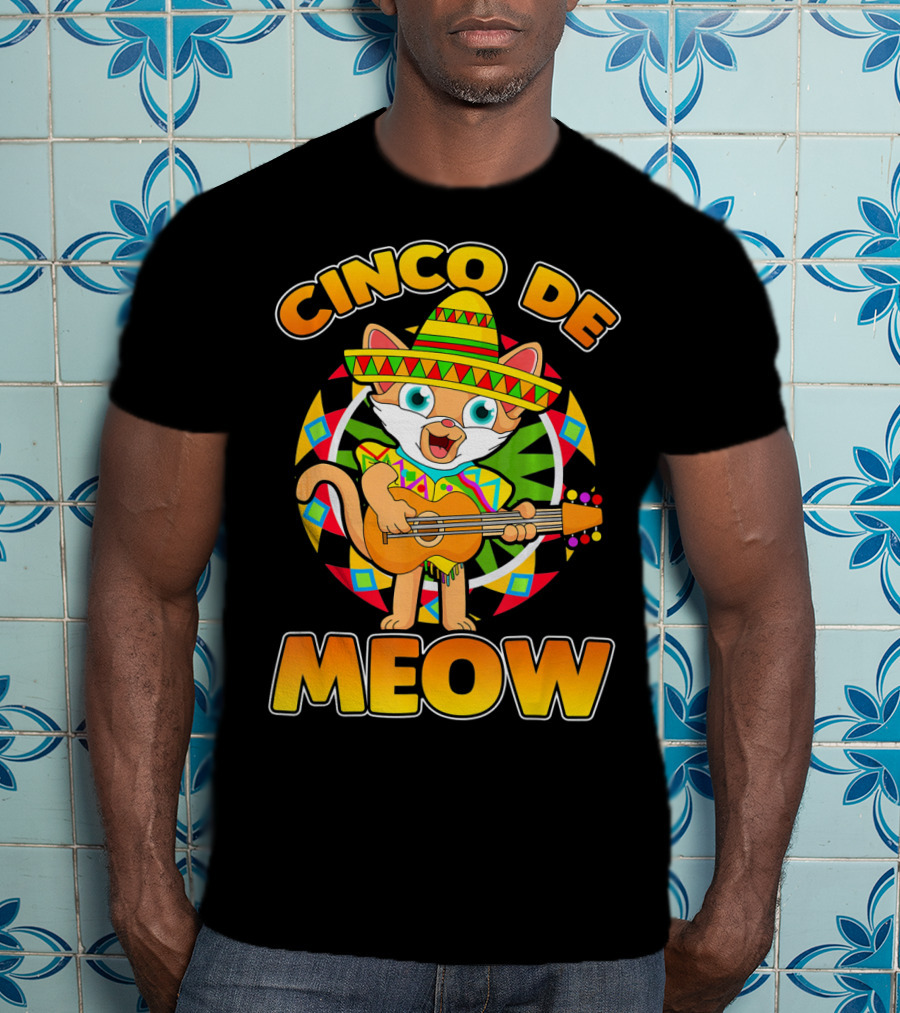 Cinco De Meow Mexican Sombrero Cat Playing Guitar T-Shirt
