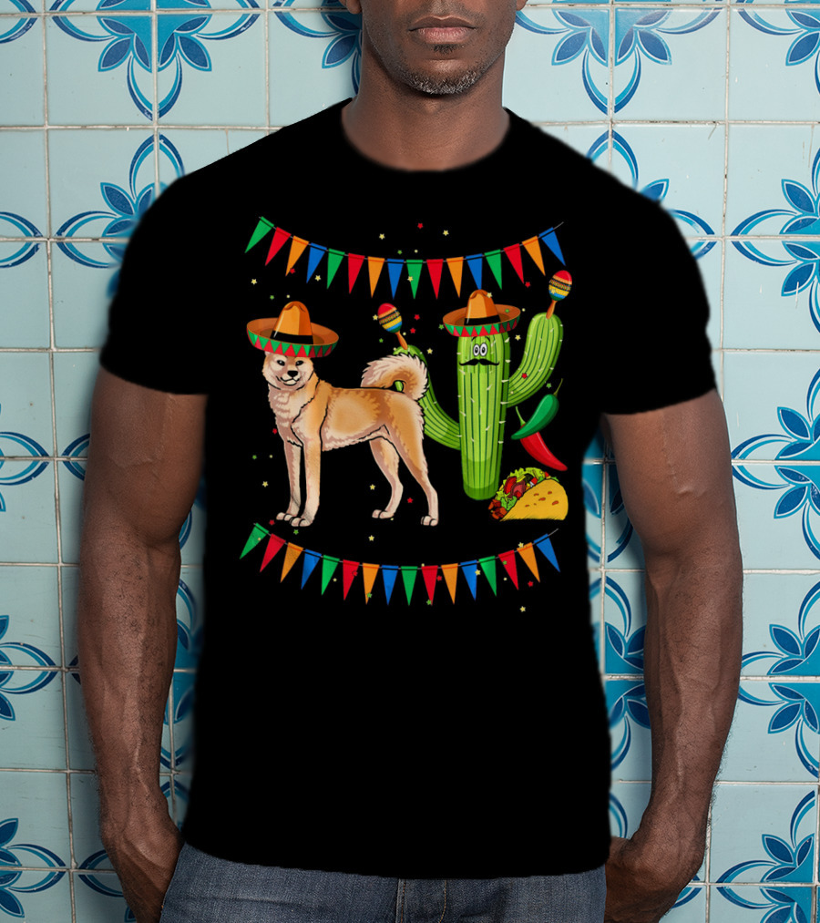 Sombrero Akita Dog Cactus Taco Maracas Mexico Cinco De Mayo T-Shirt
