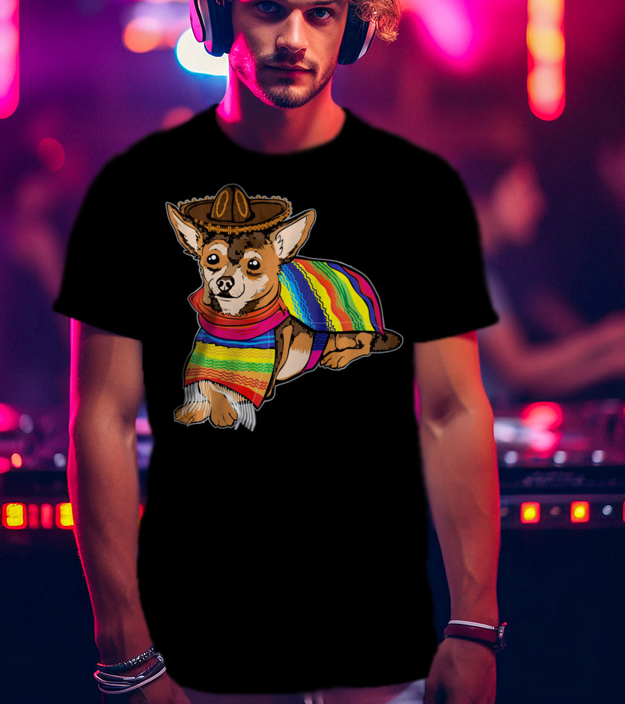 Cute Dog Chihuahua Chiweenie Mexico Sombrero Rainbow Poncho Cinc T-Shirt
