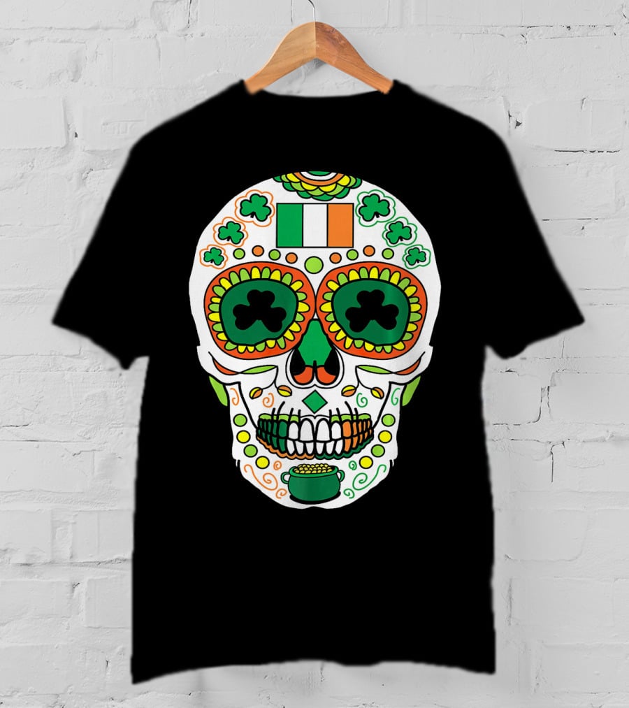 St Paddys Day Irish Flag Shamrock Sugar Skull Cinco De T-Shirt