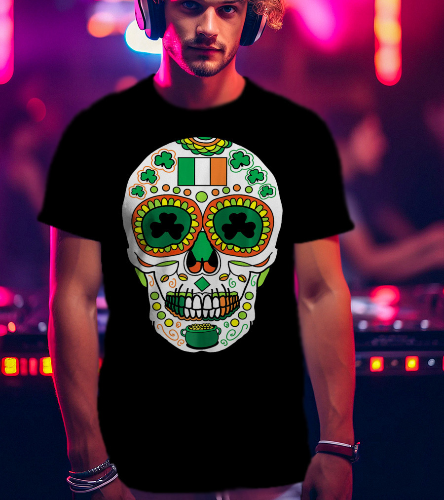 St Paddys Day Irish Flag Shamrock Sugar Skull Cinco De T-Shirt