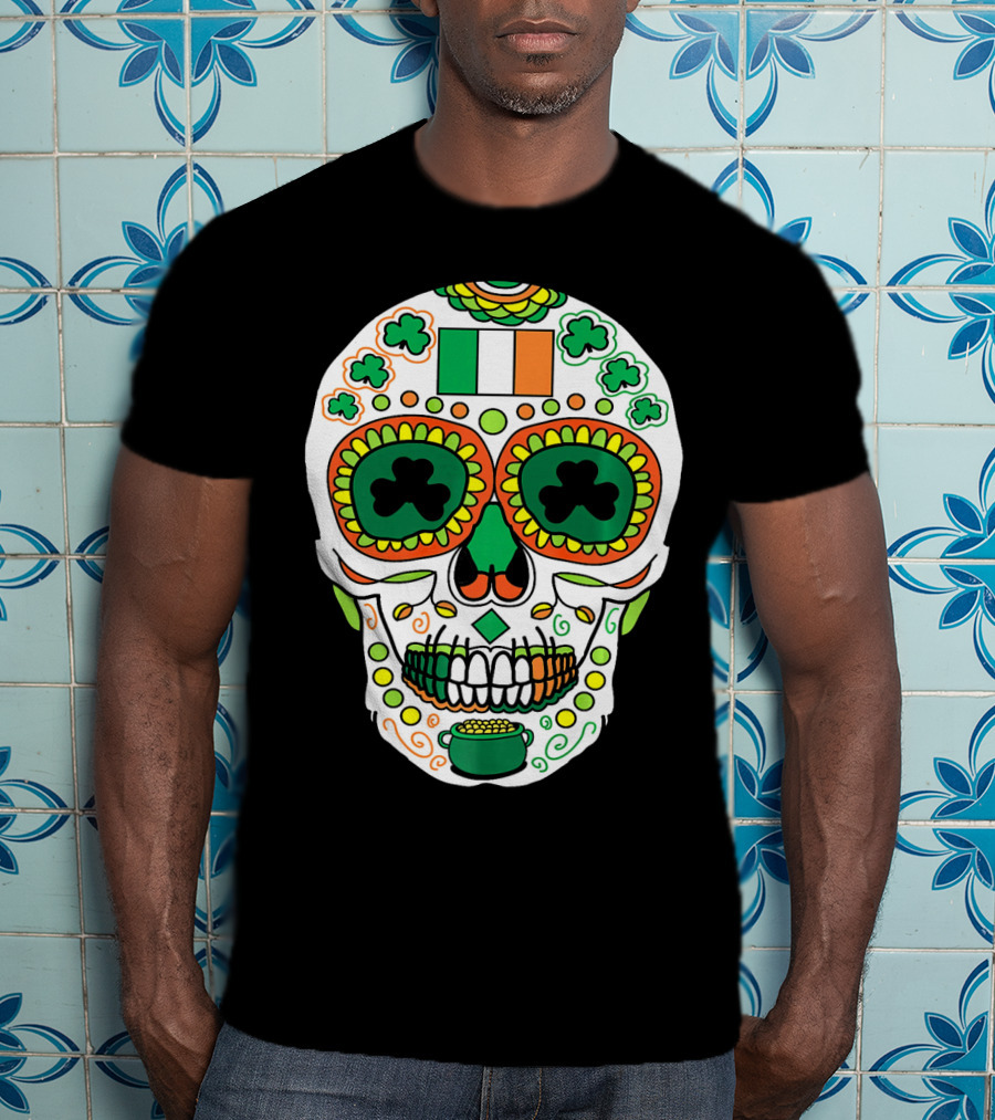 St Paddys Day Irish Flag Shamrock Sugar Skull Cinco De T-Shirt