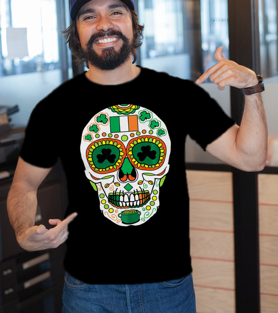 St Paddys Day Irish Flag Shamrock Sugar Skull Cinco De T-Shirt