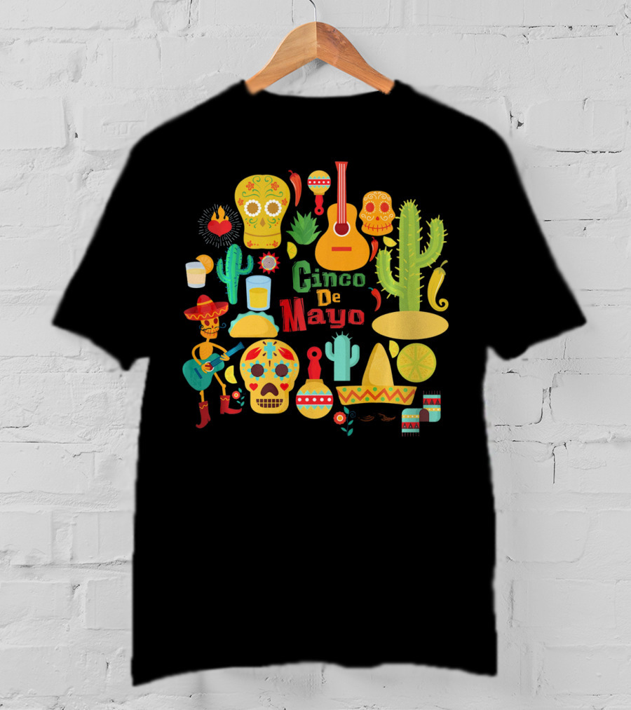 Cinco De Mayo Cactus Skull Sombrero Guitar Festivity T-Shirt