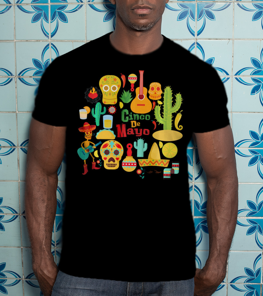 Cinco De Mayo Cactus Skull Sombrero Guitar Festivity T-Shirt