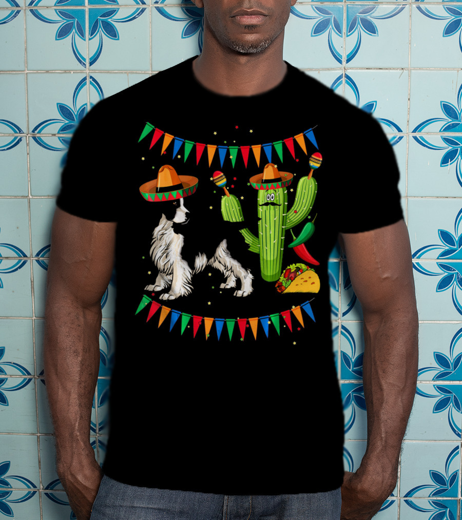 Sombrero English Springer Spaniel Dog With Cactus And Taco Fiesta T-Shirt