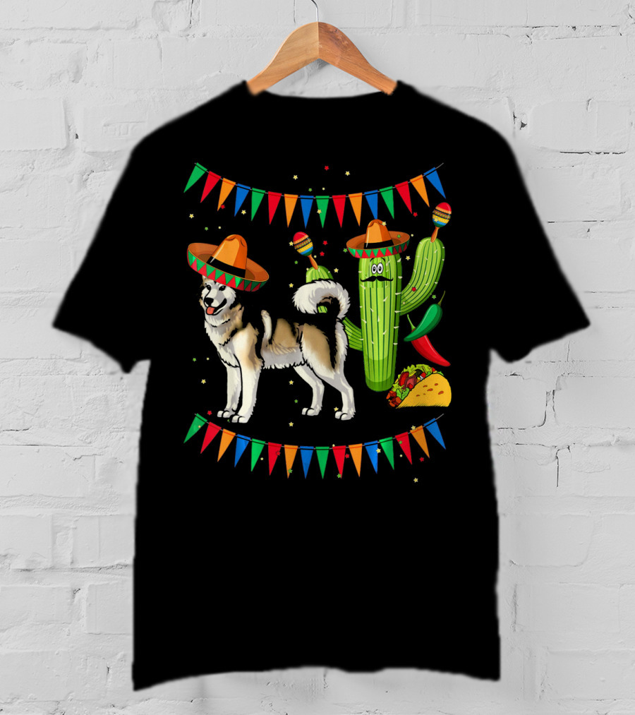 Sombrero Alaskan Malamute Dog With Cactus And Mexican Fiesta Elements T-Shirt