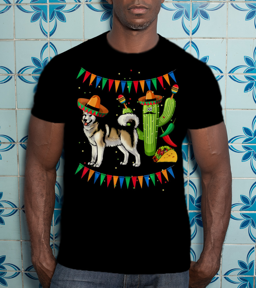 Sombrero Alaskan Malamute Dog With Cactus And Mexican Fiesta Elements T-Shirt